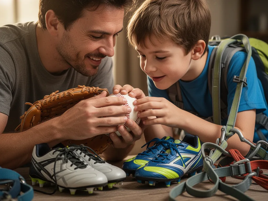 Parent and child bonding while inspecting sports equipment together indoors with warm lighting
