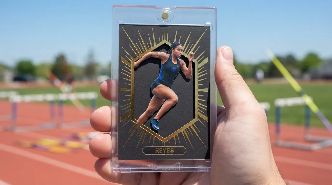 Hand holding magnetic case with unique sport gifts trading card, gold foil burst design.