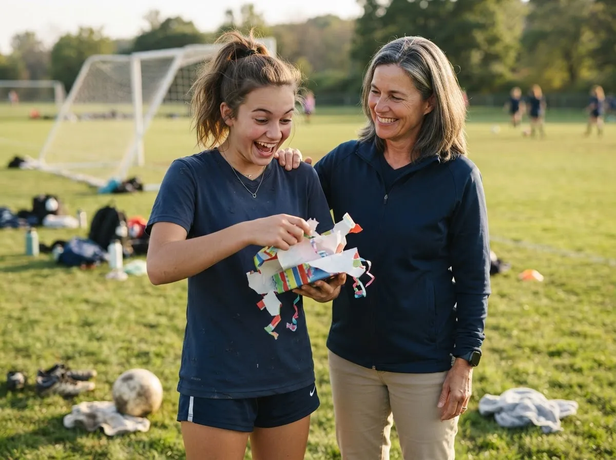 Young athlete smiling in surprise while unwrapping a gift on a sunny sports field.