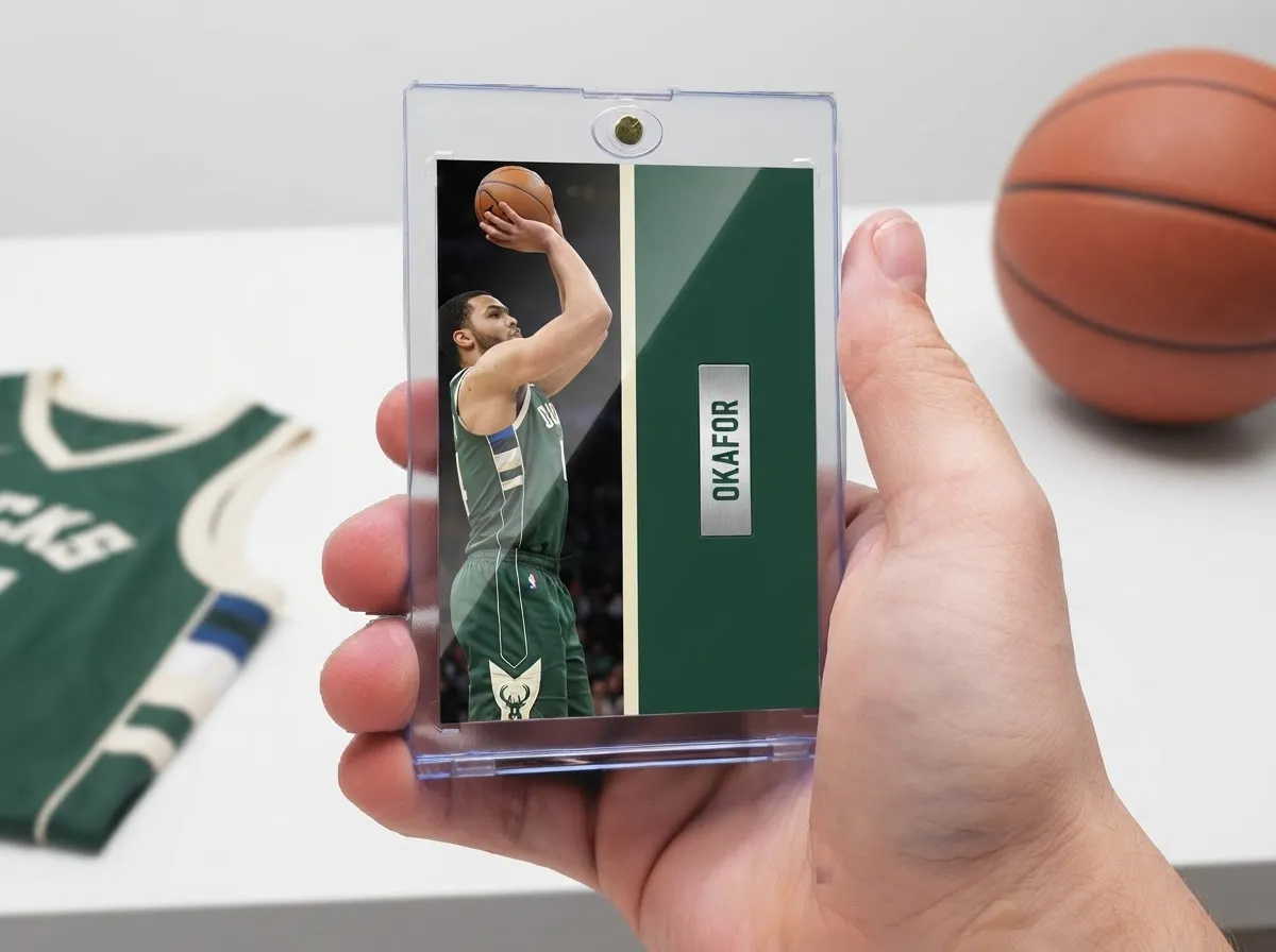 Custom sports trading card in magnetic case showing split-panel basketball design with foil nameplate.