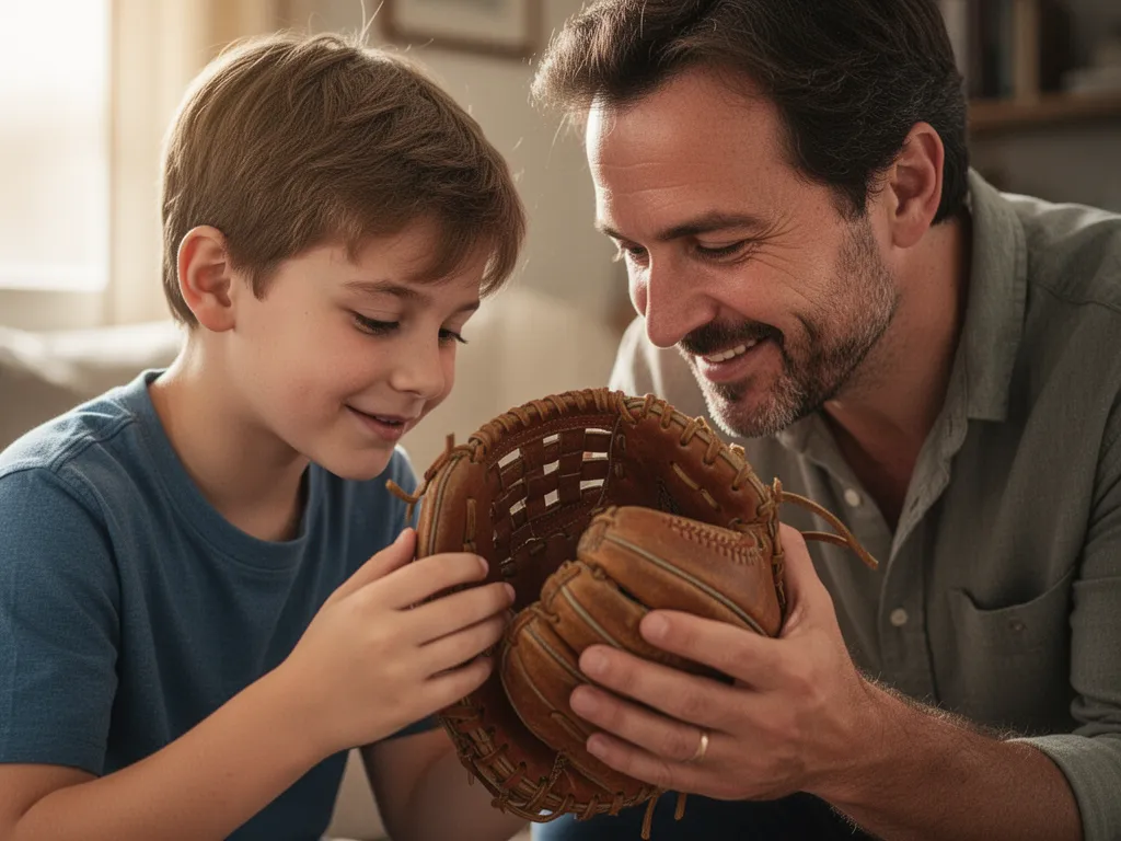 [father and son bonding over vintage sports equipment with warm emotional connection captured]