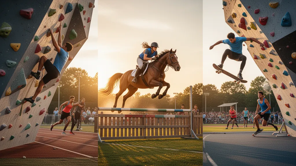 Multiple athletes from different sports competing simultaneously in dynamic outdoor action shots
