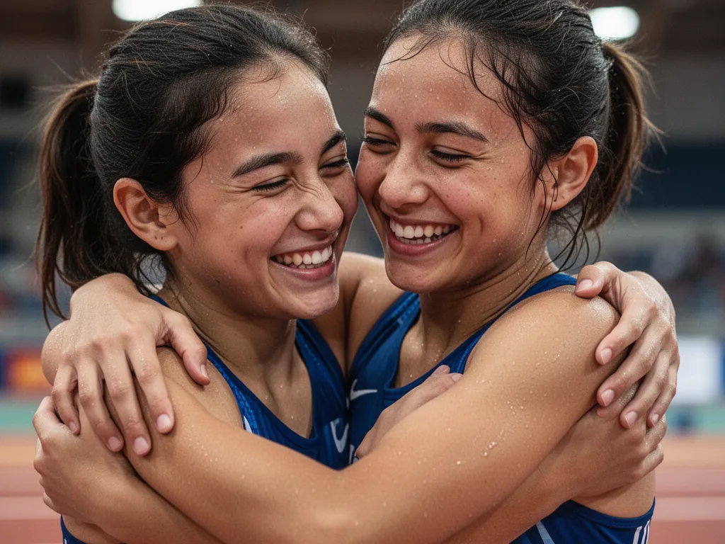Parent hugging young athlete in tender moment of pride and celebration after competition