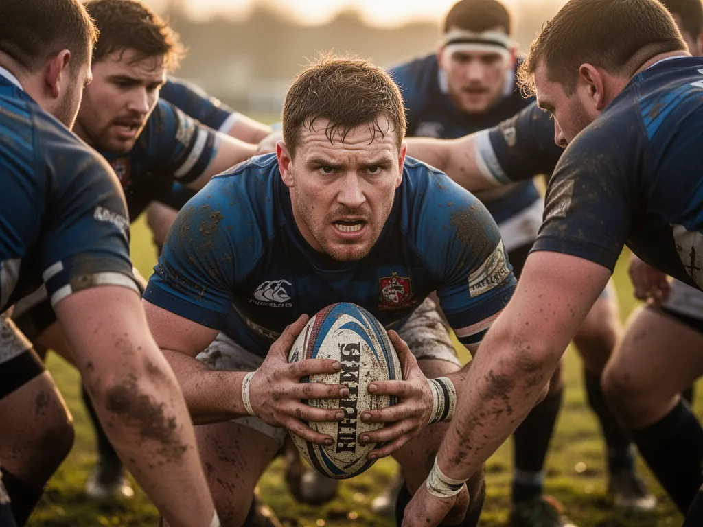 Rugby player's focused expression holding ball during intense scrum moment