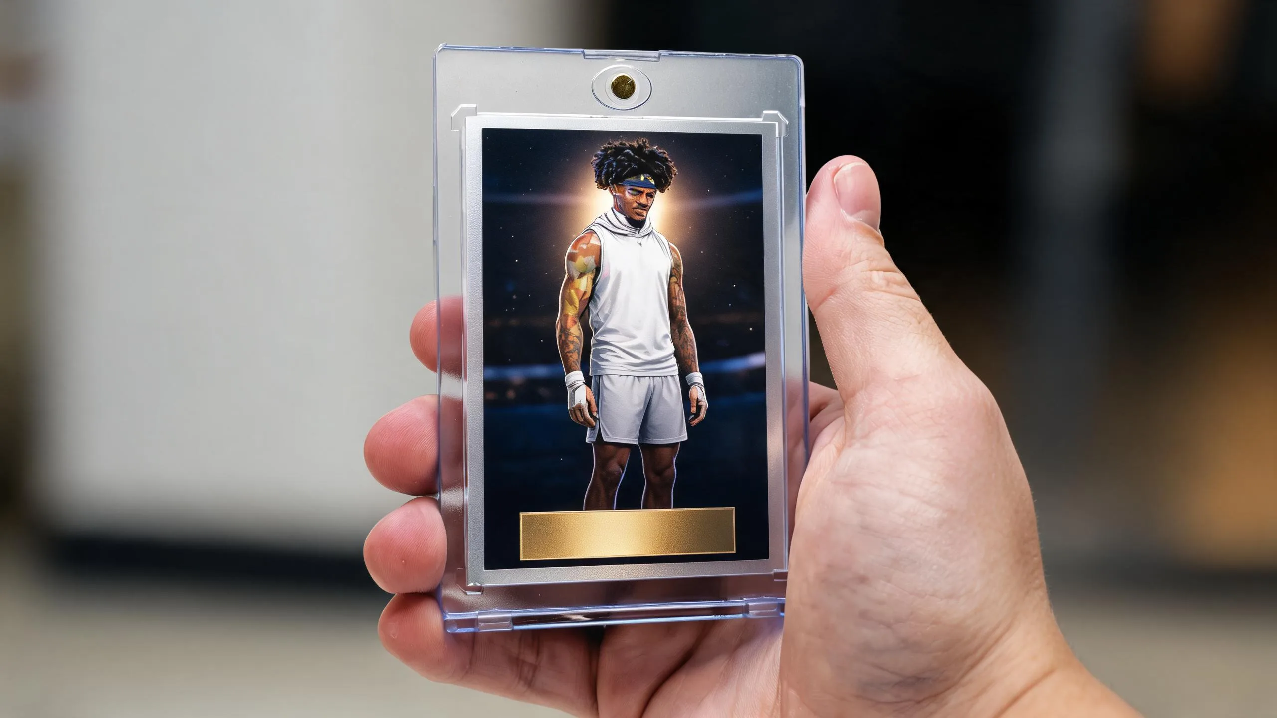 Hand holding a magnetic case with a unique trophies stadium-night trading card design.