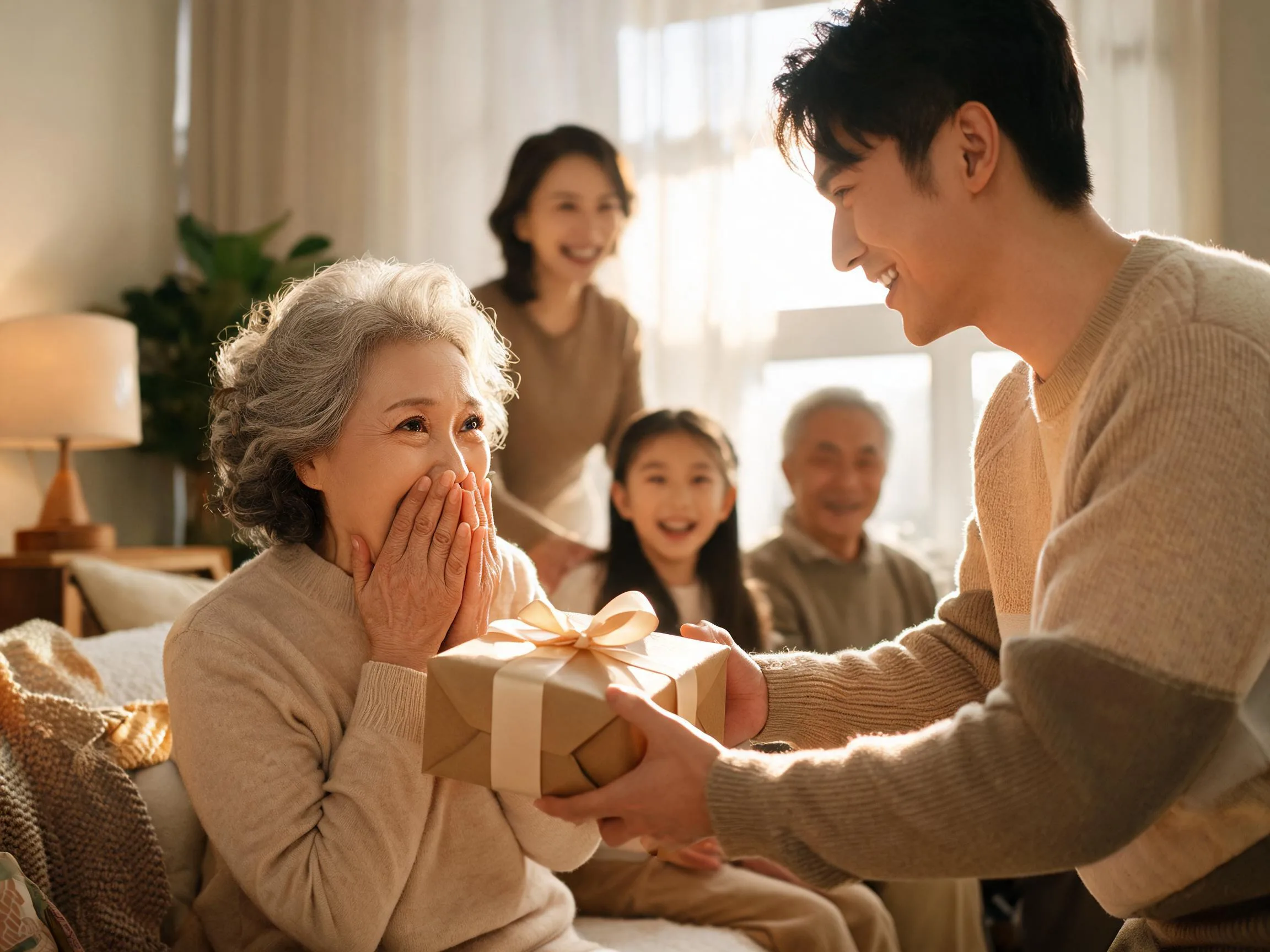 Family member reacting with genuine surprised joy while receiving an unexpected wrapped gift indoors.