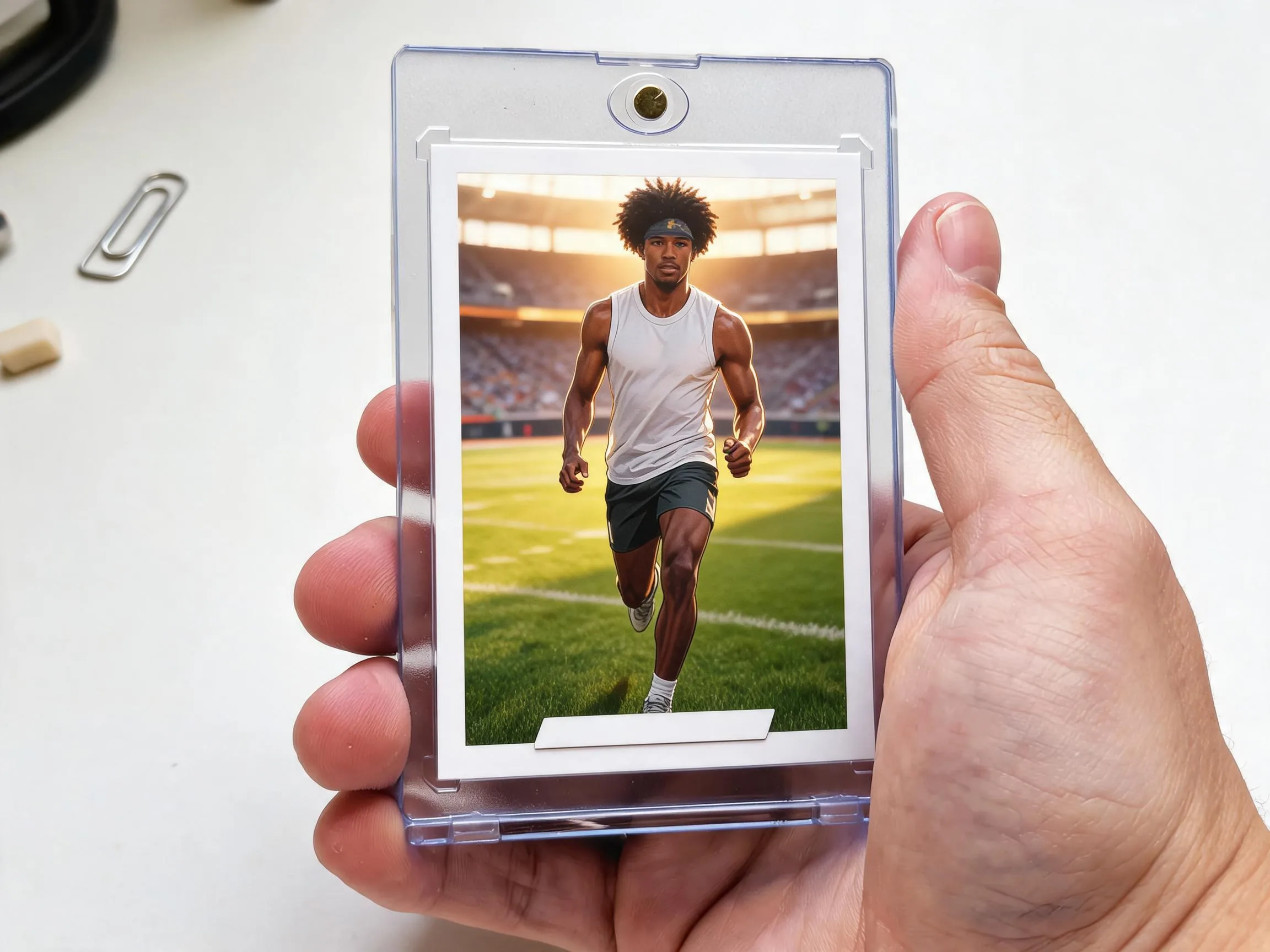 Custom keepsake trading card in a magnetic case, sunlit stadium design, held in hand.