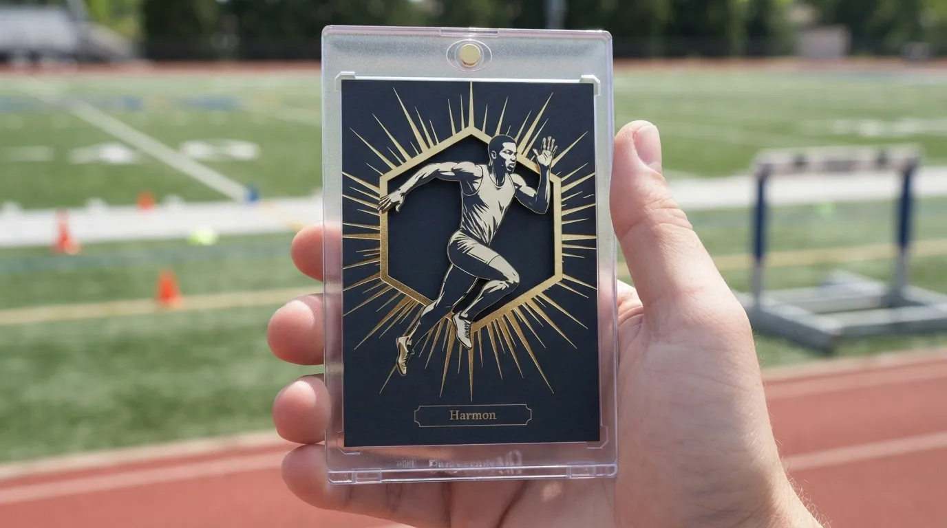 Hand holding magnetic case with unique wedding favors trading card, gold foil athlete design.