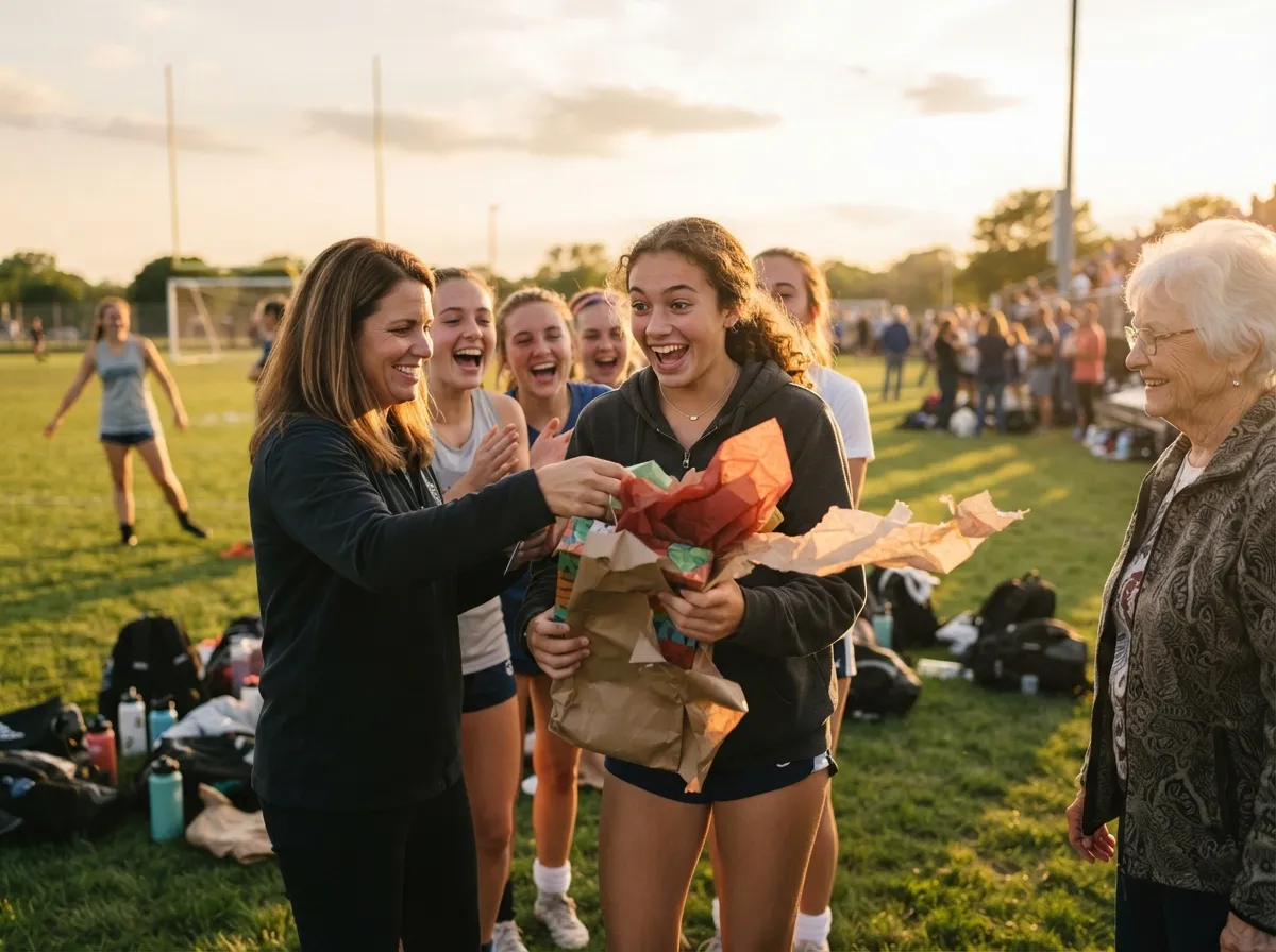 Athlete surrounded by family shares joyful surprised reaction on sunlit sports field.