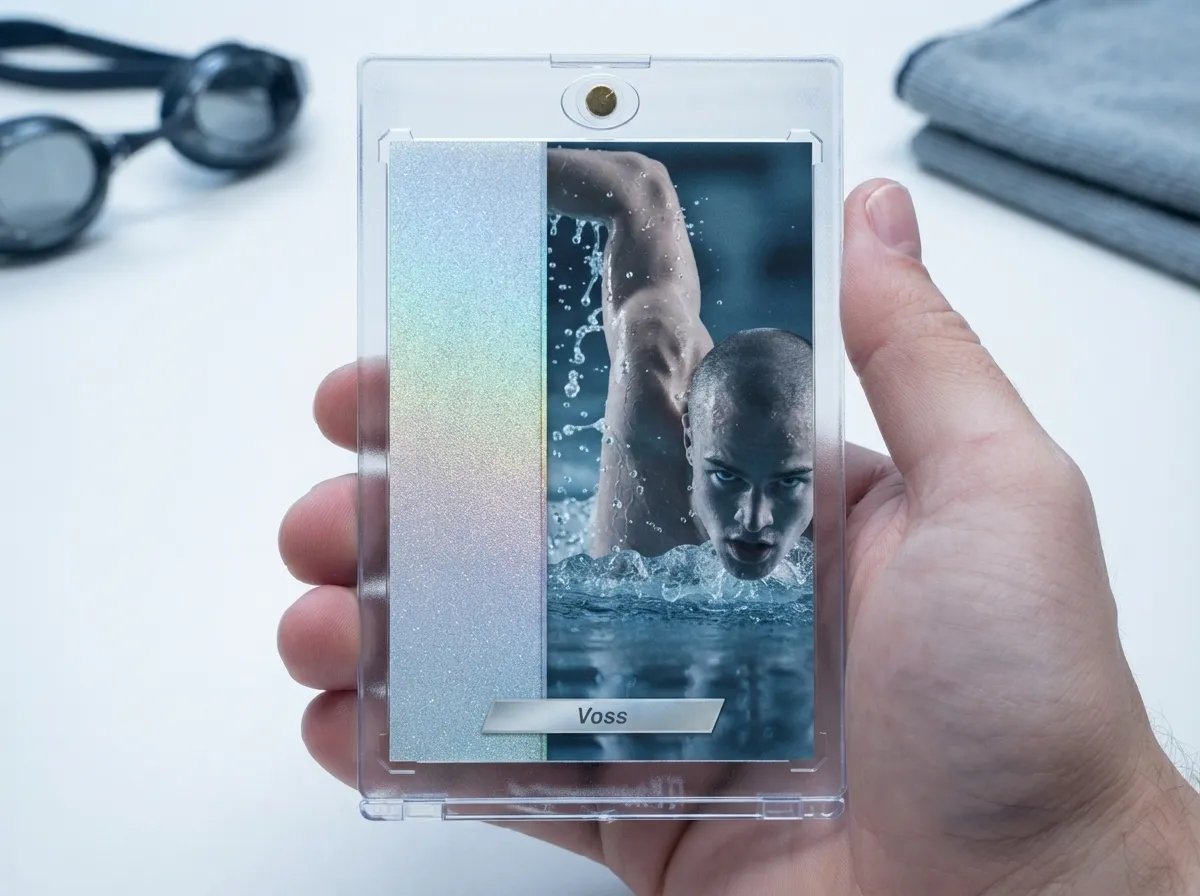 Custom sports trading card in magnetic case, icy blue refractor swimmer design.