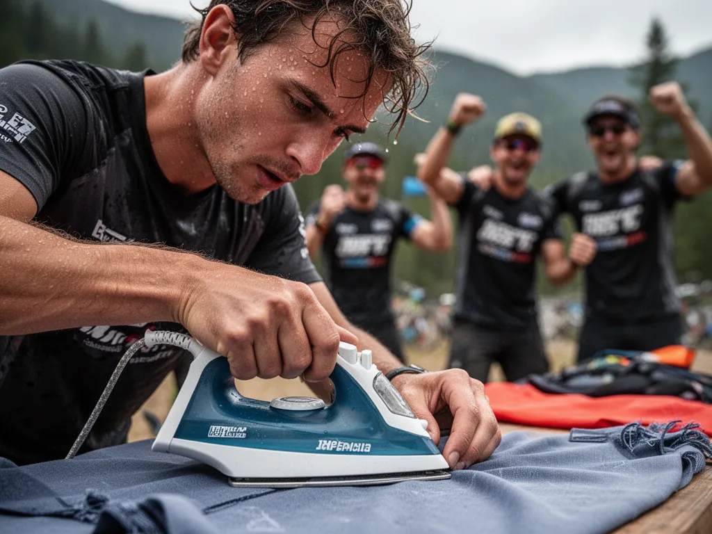 Competitor's focused hands ironing clothing mid-competition with teammates celebrating in the blurred background