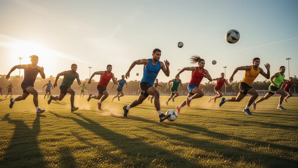 Multiple athletes in motion competing across a sunny outdoor sports field with dynamic energy and natural lighting