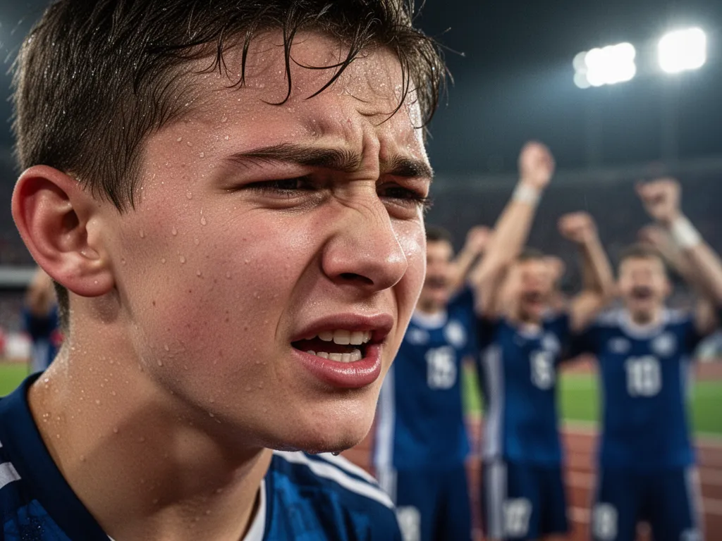Young athlete's determined face during competition with celebrating supporters blurred in the background