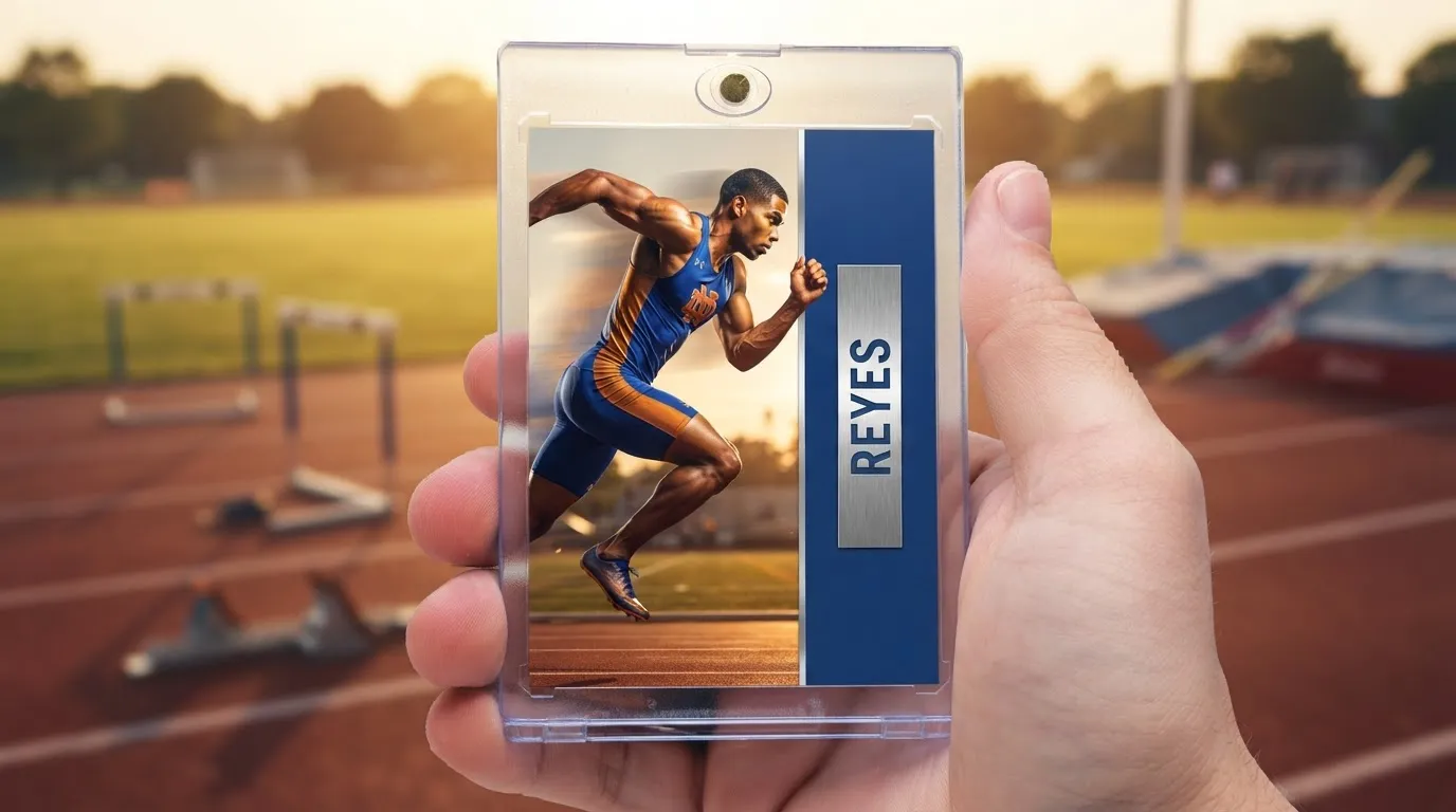Hand holding upper deck custom cards trading card in magnetic case, split-design sprinter card, golden light.