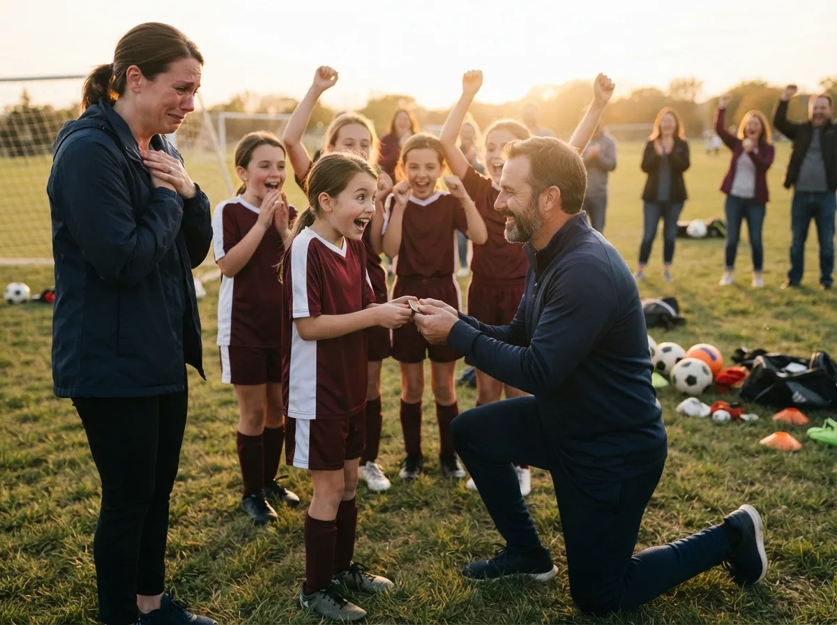 Coach and young athlete share proud emotional moment on field with teammates celebrating nearby.