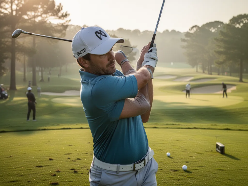 [Professional golfer focused during backswing with manicured course fairway visible]