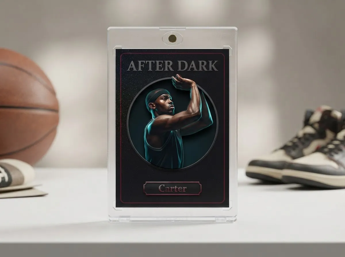 Custom sports trading card in magnetic case, dark rim-lit basketball design with neon edge.