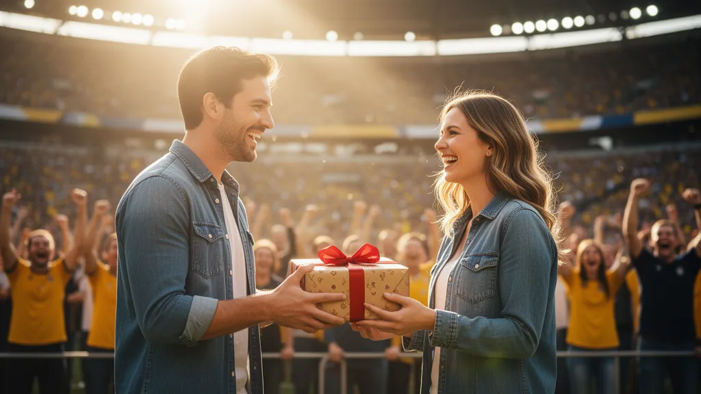 Couple exchanging wrapped gift at stadium with cheering fans in background during golden hour