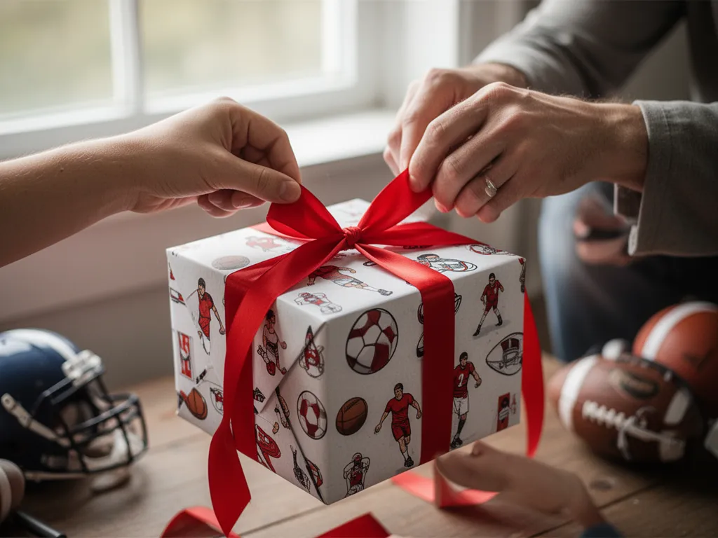 Hands unwrapping red-ribboned gift box with soft natural lighting and sports equipment blurred nearby