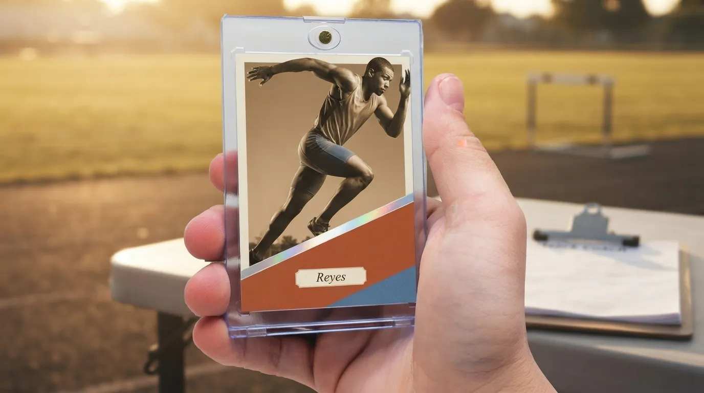 Hand holding magnetic case with vintage sports photography trading card of sprinter at golden hour.