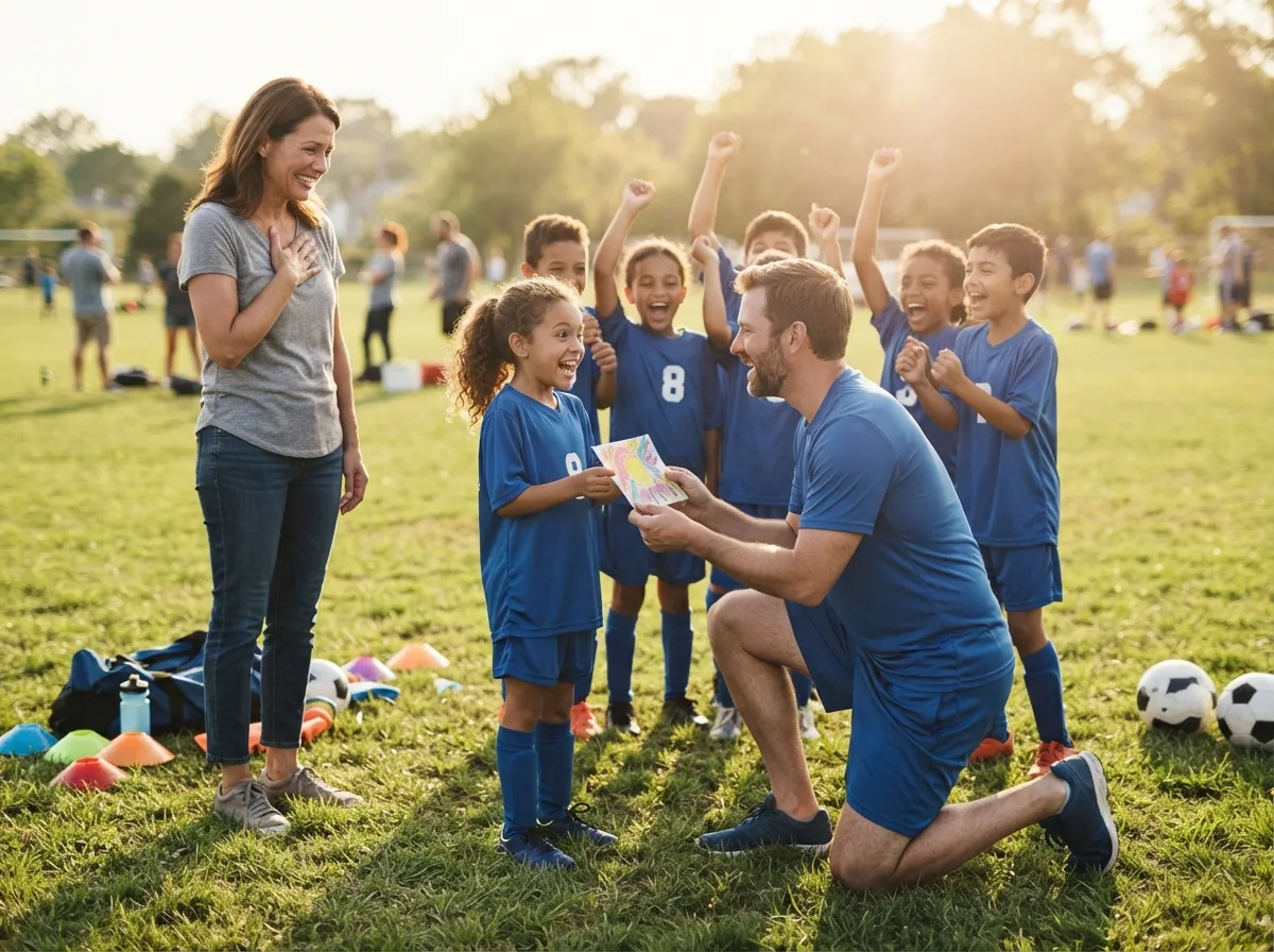 Coach shares proud moment with young athlete as team celebrates on sunny field.
