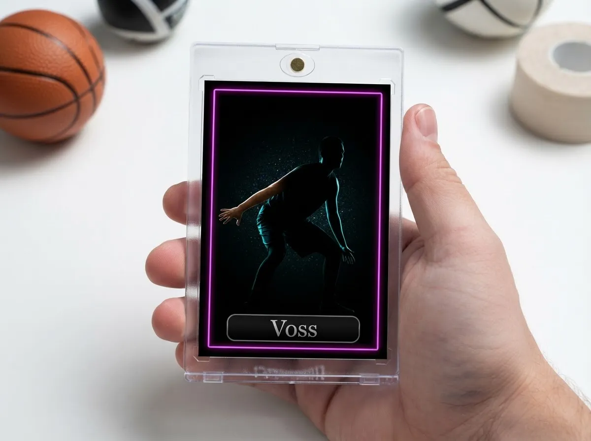 Custom sports trading card in magnetic case showing rim-lit athlete on dark neon-edged design.