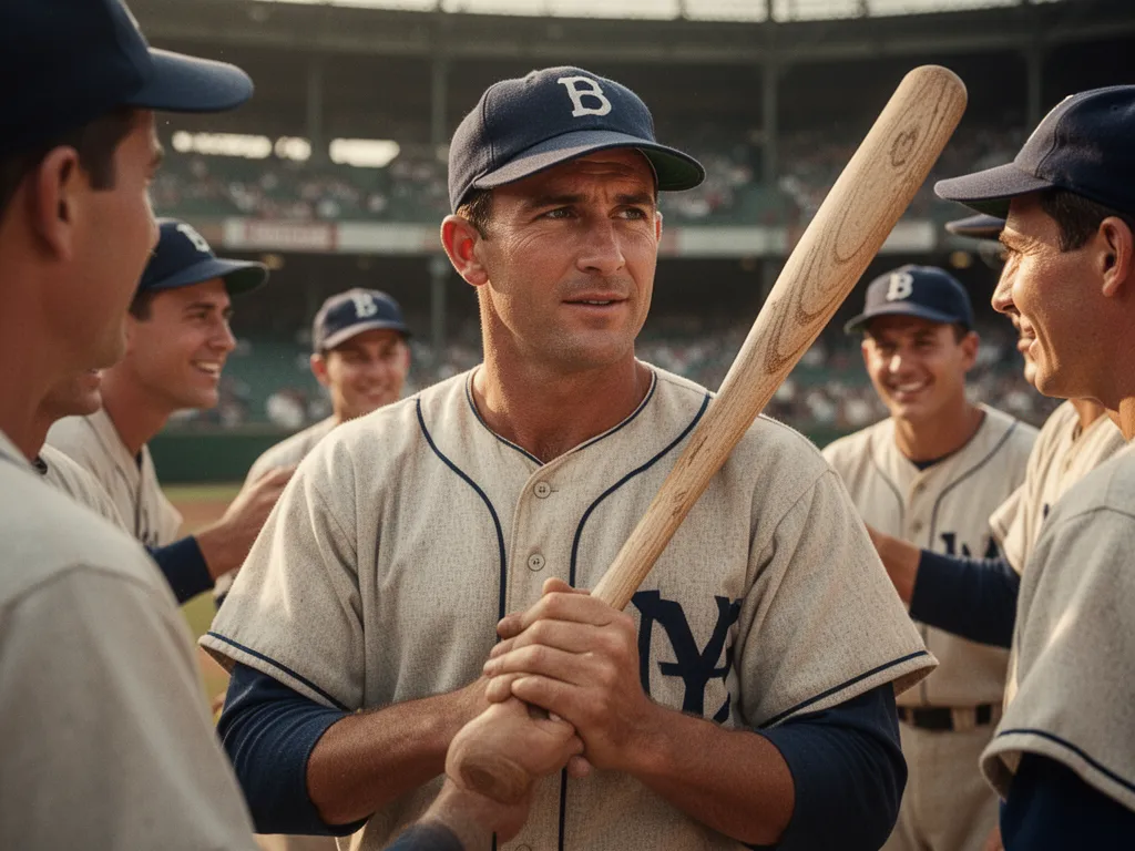 [Vintage baseball player gripping bat with focused expression, teammates visible celebrating behind]
