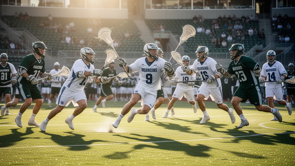 Lacrosse players in intense outdoor game action under natural daylight with dynamic motion and energy
