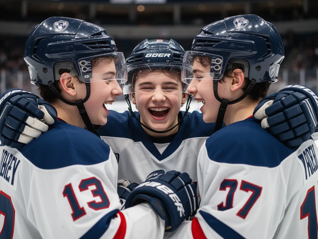 Young hockey teammates embracing in celebration on ice showing genuine emotion and bonding