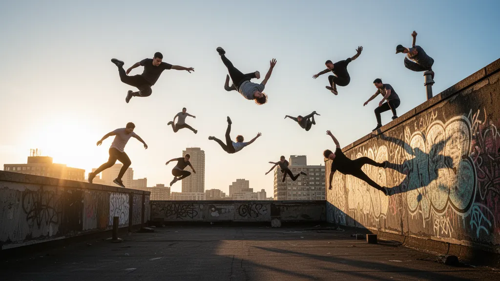 Multiple parkour athletes performing aerial tricks and running across urban rooftops in dynamic motion
