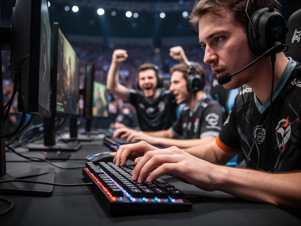 Esports player's hands on keyboard during competitive match with teammates celebrating in background