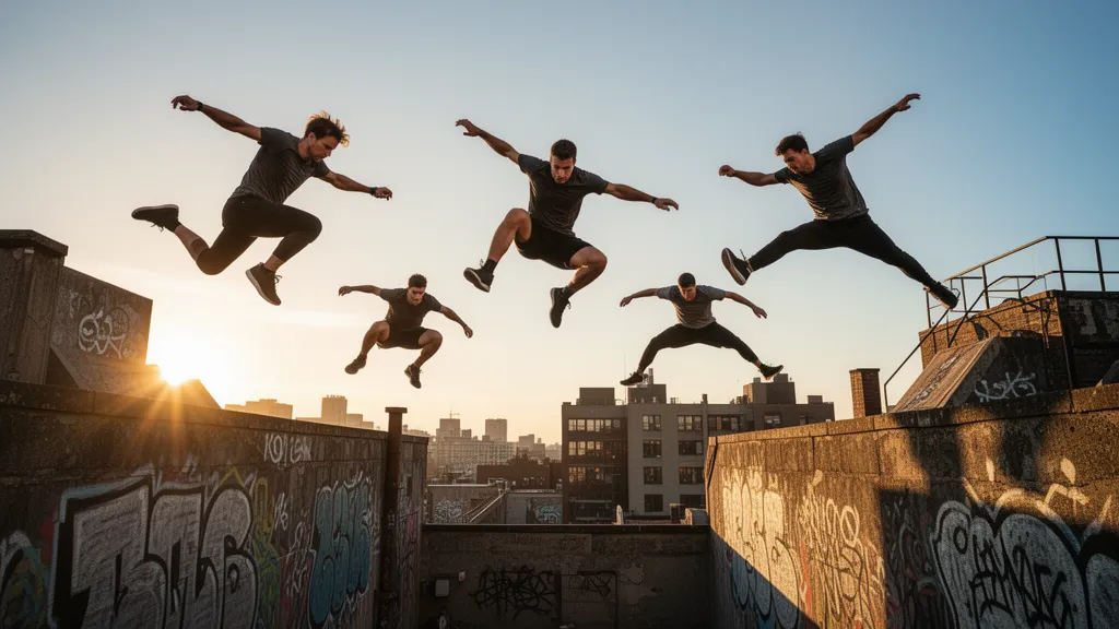 Multiple parkour athletes soaring through the air between rooftops during golden hour sunset