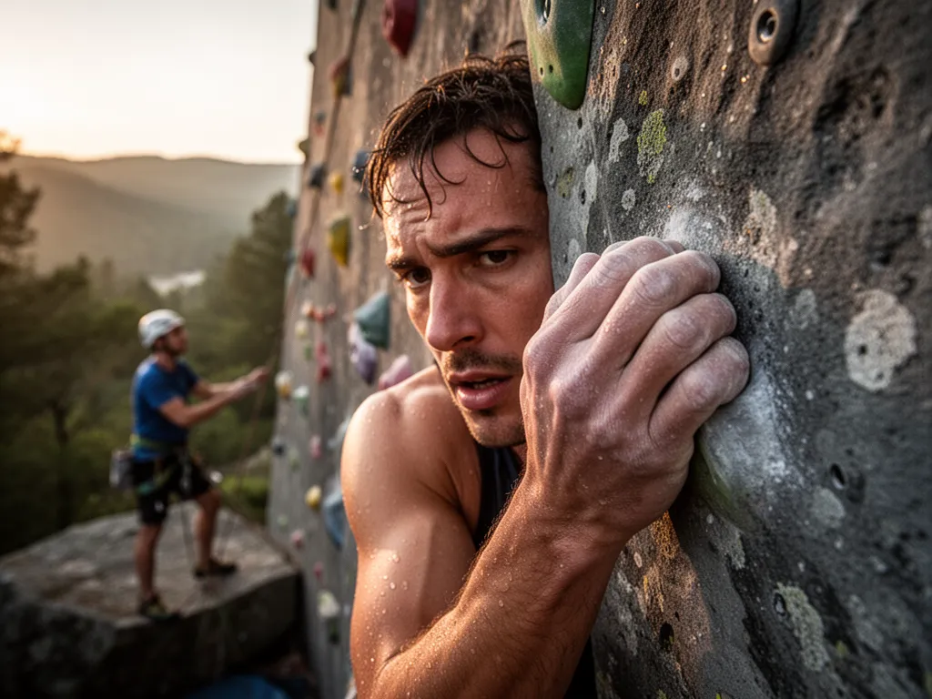 Rock climber's intense expression and grip on climbing wall showing athletic determination and focus