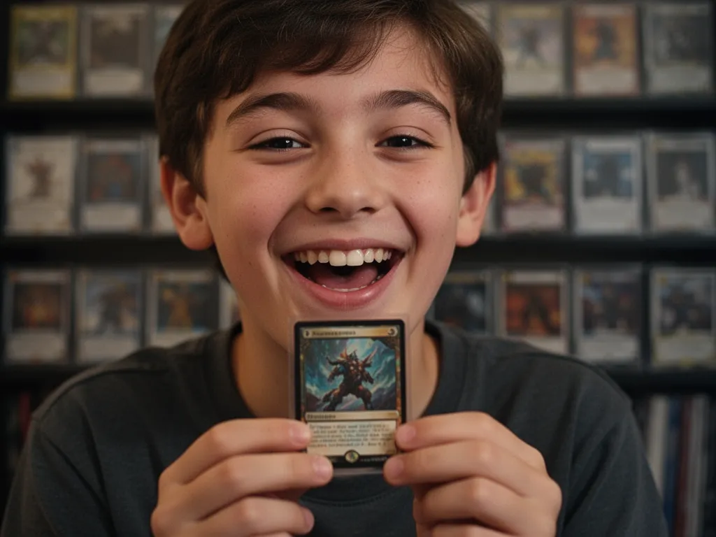 Young collector's face expressing joy while holding rare holographic Pokémon card