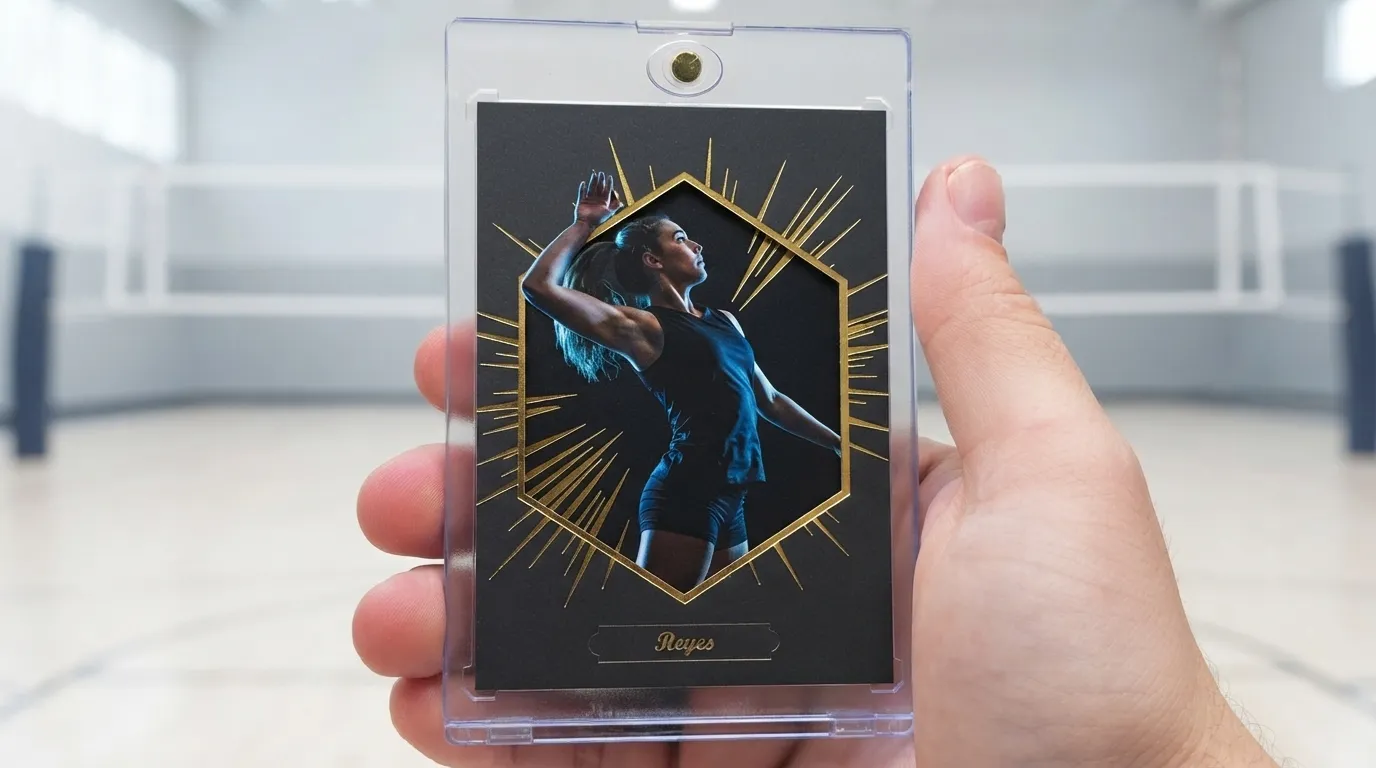 Hand holding magnetic case with gold-foil volleyball cards featuring a spiking athlete in spotlight design.