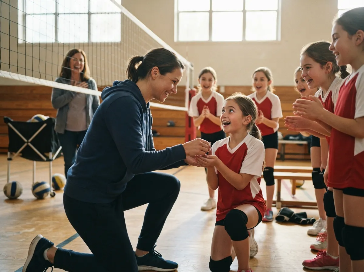 Coach kneeling with young volleyball player as teammates and proud parent celebrate nearby.