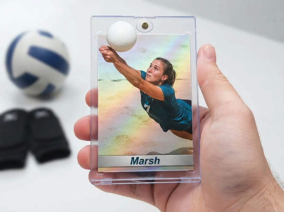 Custom volleyball trading card in magnetic case showing a diving libero with chrome finish.