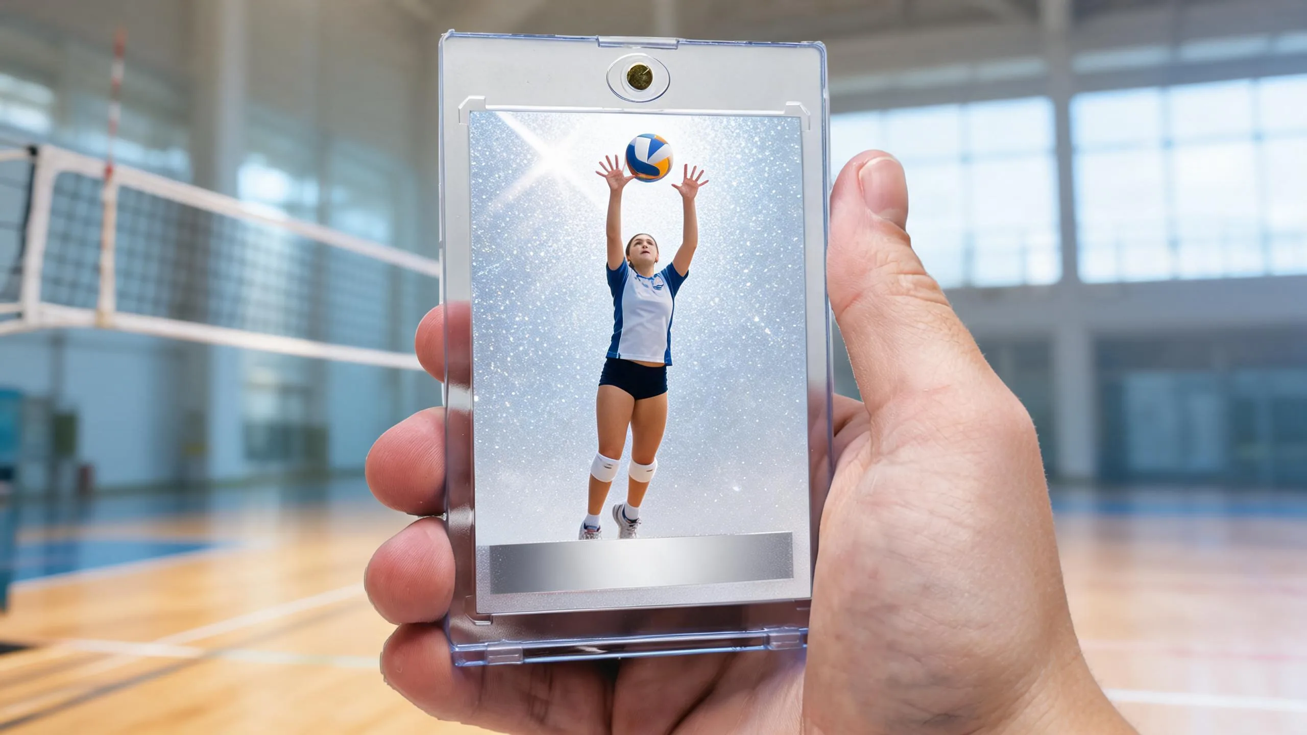 Hand holding magnetic case with icy blue volleyball trading card, volleyball locker decorations display idea.