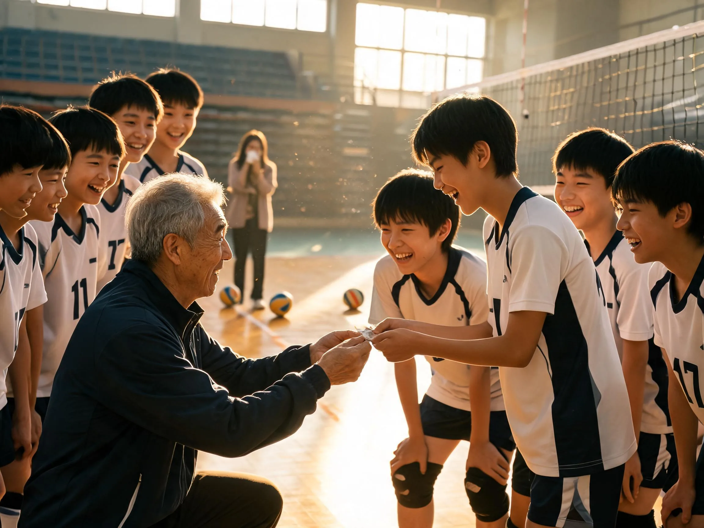 Coach and young volleyball player share an emotional courtside celebration moment together.