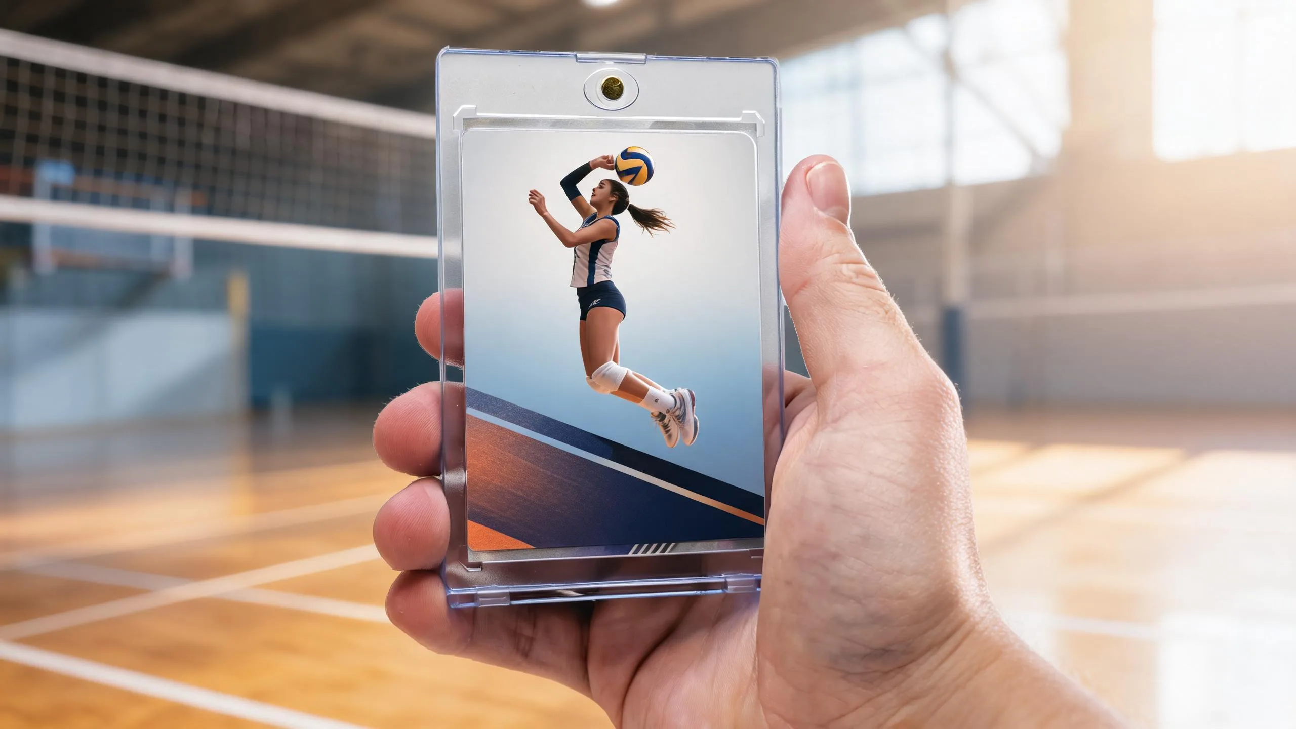 Hand holds magnetic case with volleyball senior banner card featuring diagonal metallic band design.