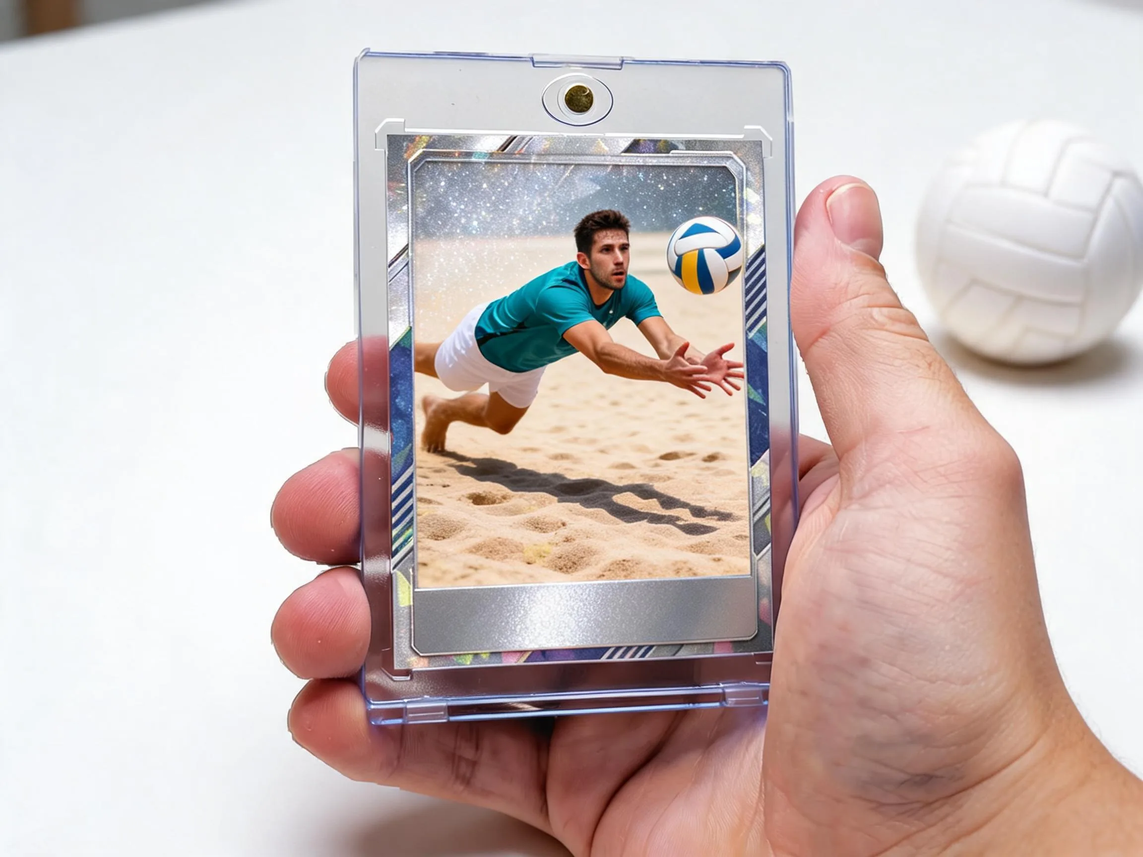 Custom volleyball trading card in magnetic case showing diving sand-court save action.