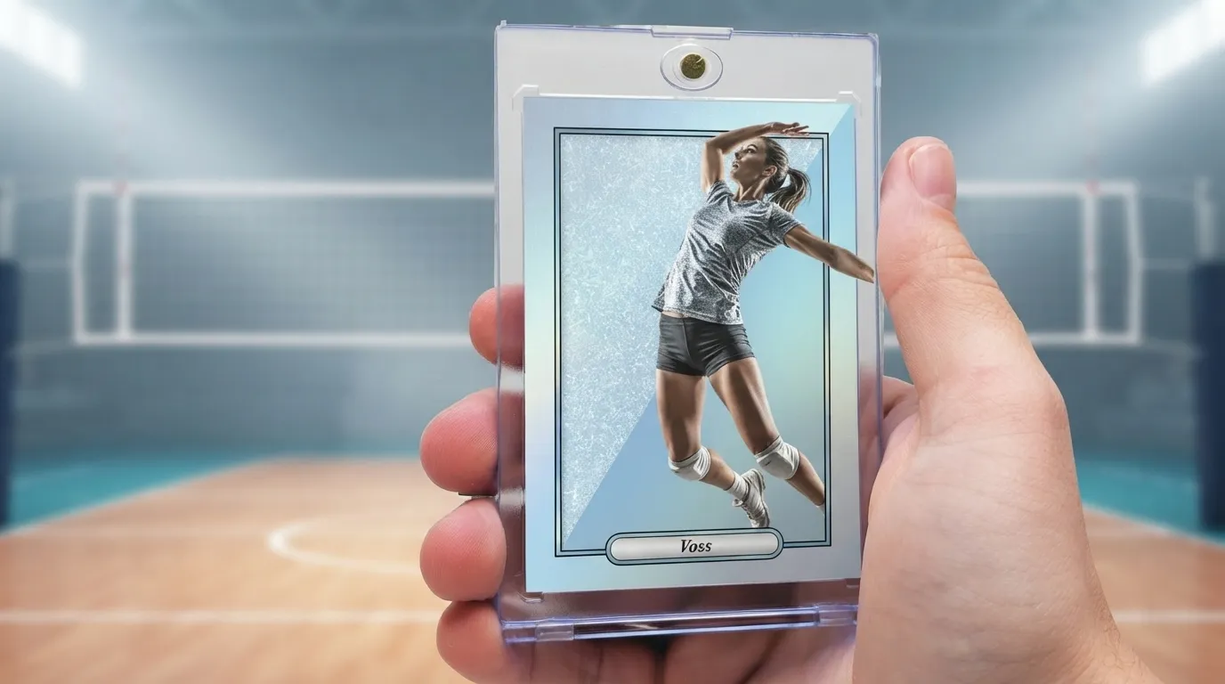 Hand holding magnetic case with icy blue volleyball senior night ideas trading card mid-attack.