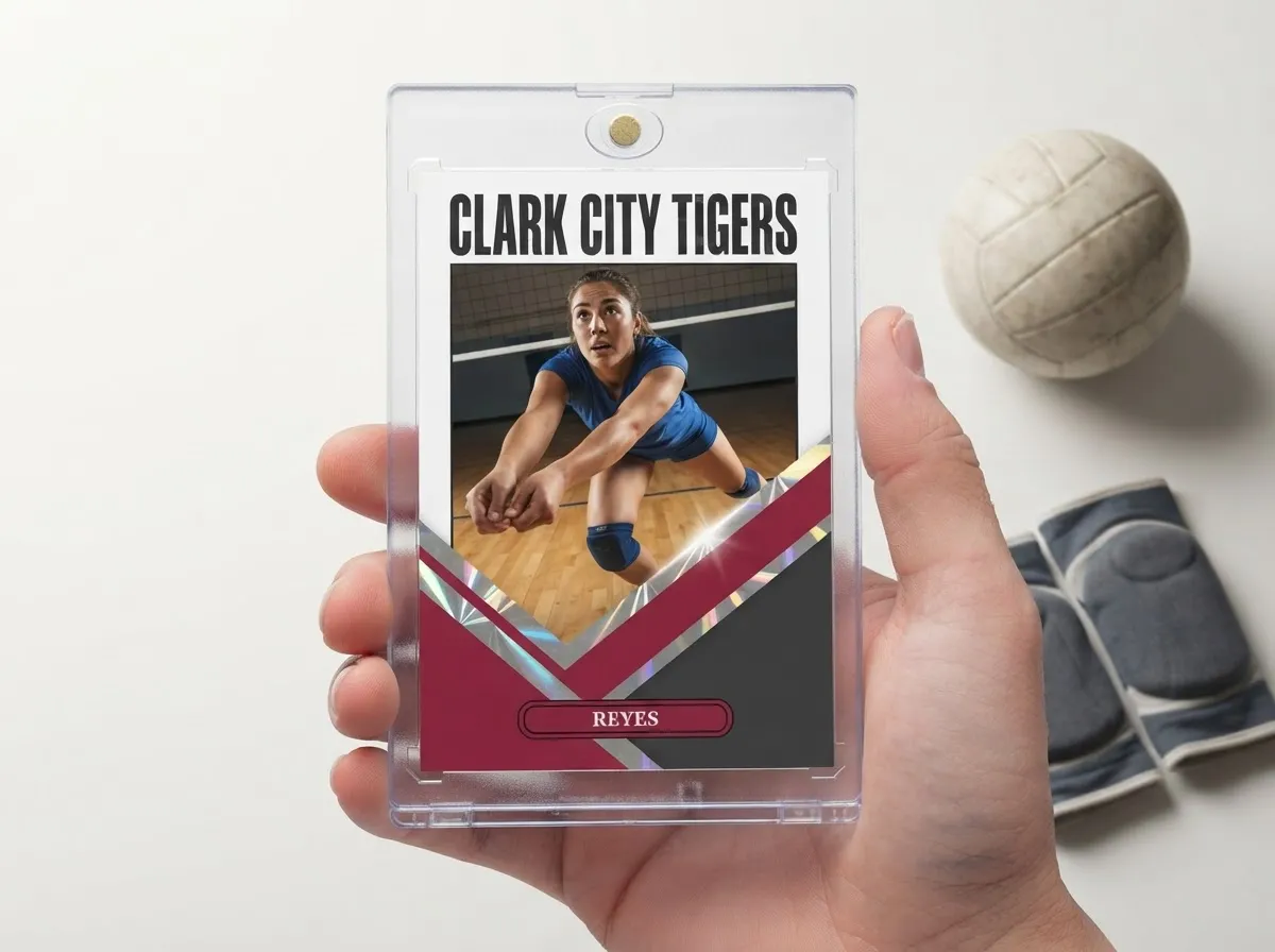 Magnetic case displaying custom volleyball trading card with diagonal crimson chrome frame.