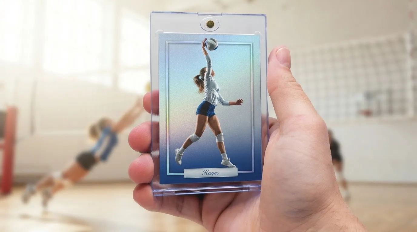 Hand holding magnetic case with icy blue refractor volleyball senior night poster ideas trading card.