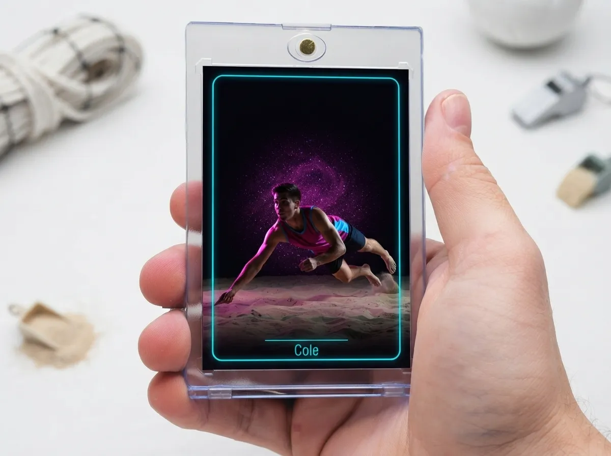 Custom volleyball trading card in magnetic case with neon rim-lit diving libero design.