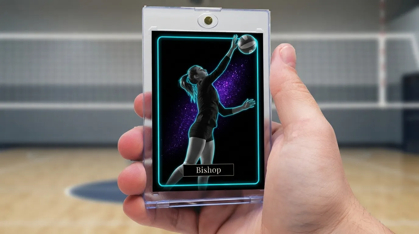 Hand holding magnetic acrylic case with volleyball senior night posters card, neon-rimmed athlete mid-jump-serve.