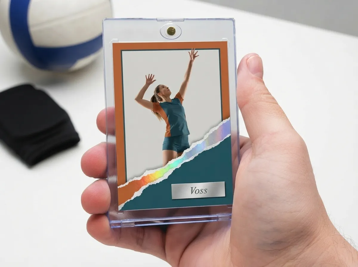 Custom volleyball trading card in magnetic case, athlete blocking above diagonal orange-teal chrome frame.