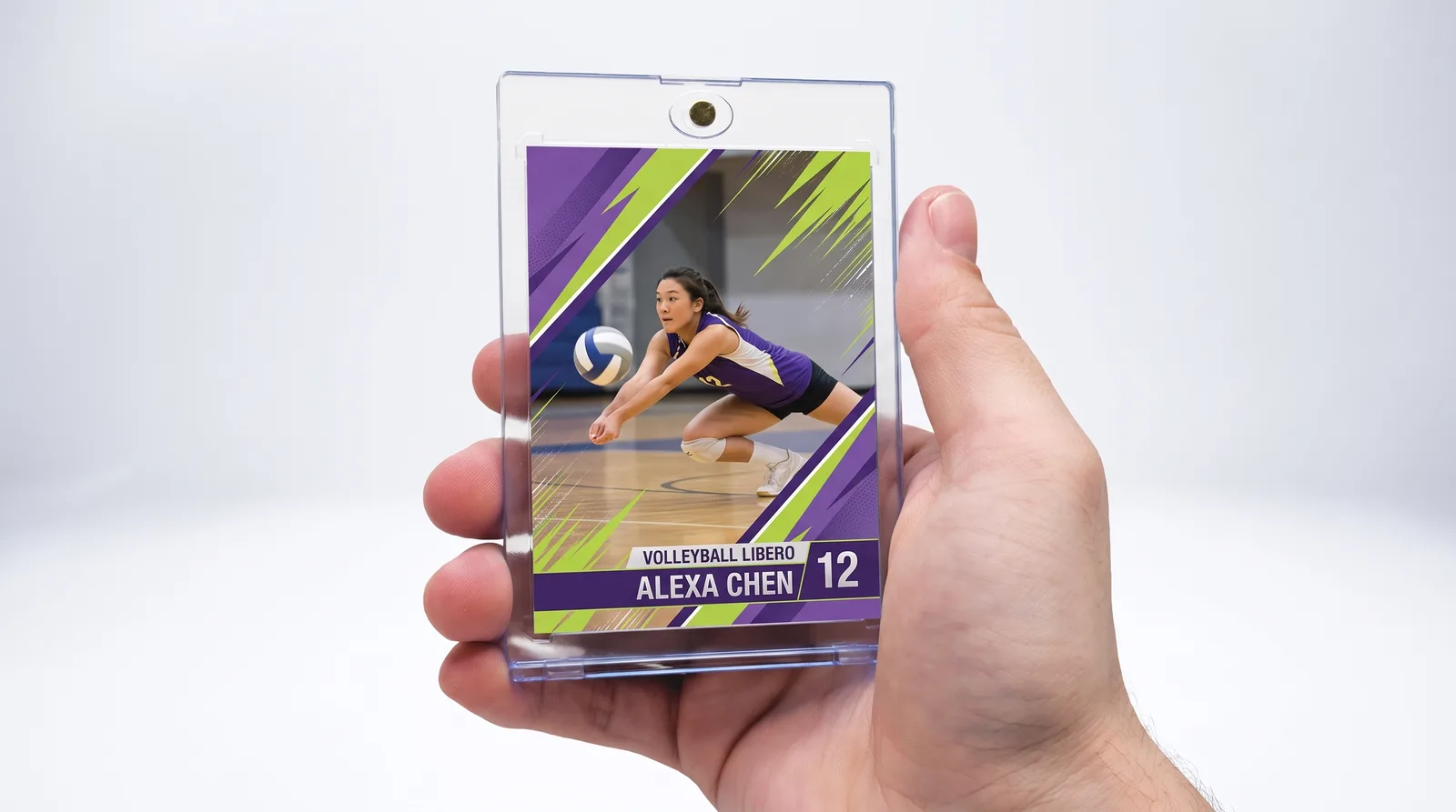Custom volleyball trading card showing a diving save, held in a one-touch magnetic display case