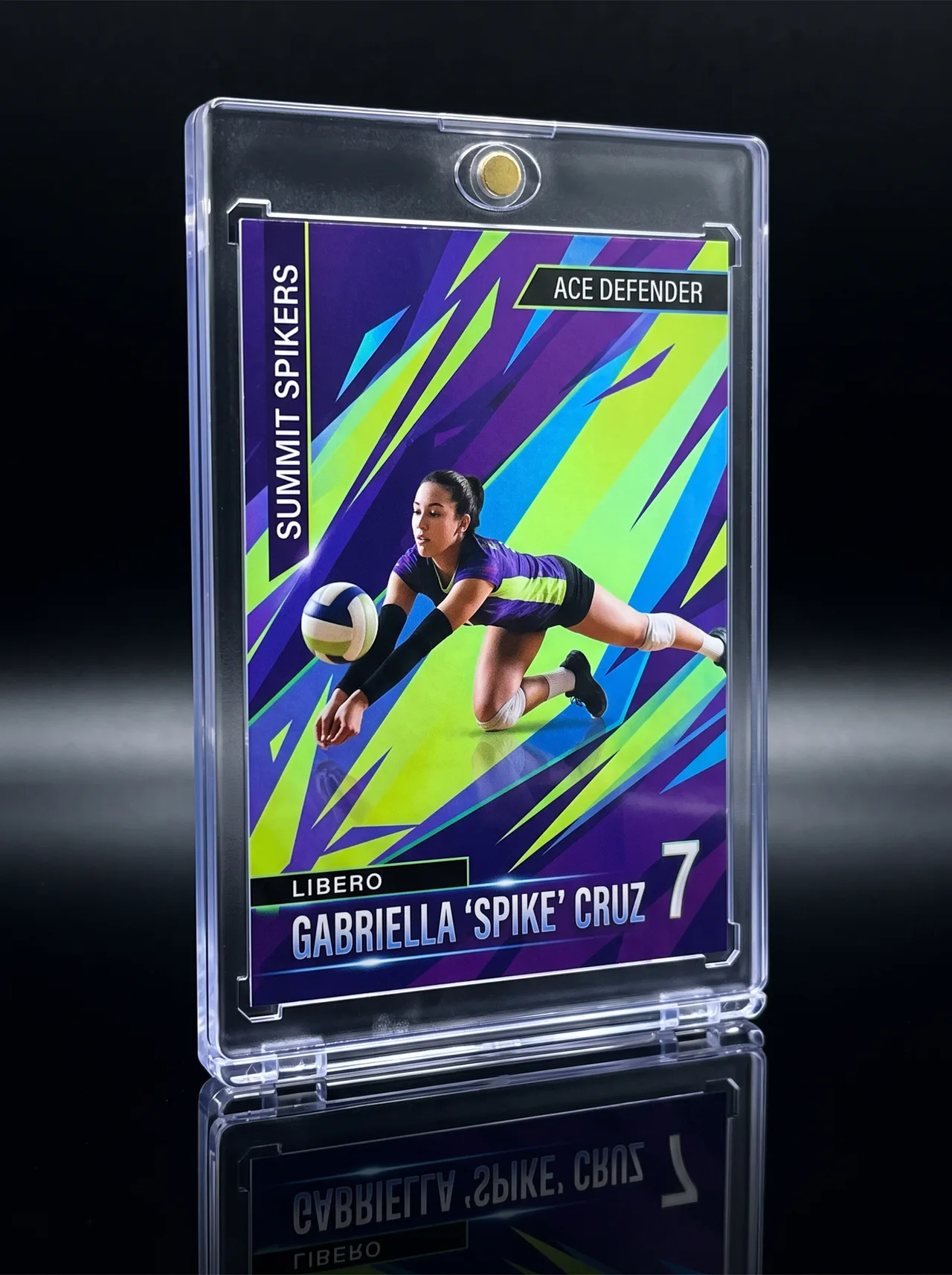 Custom volleyball trading card standing at an angle on a dark reflective surface