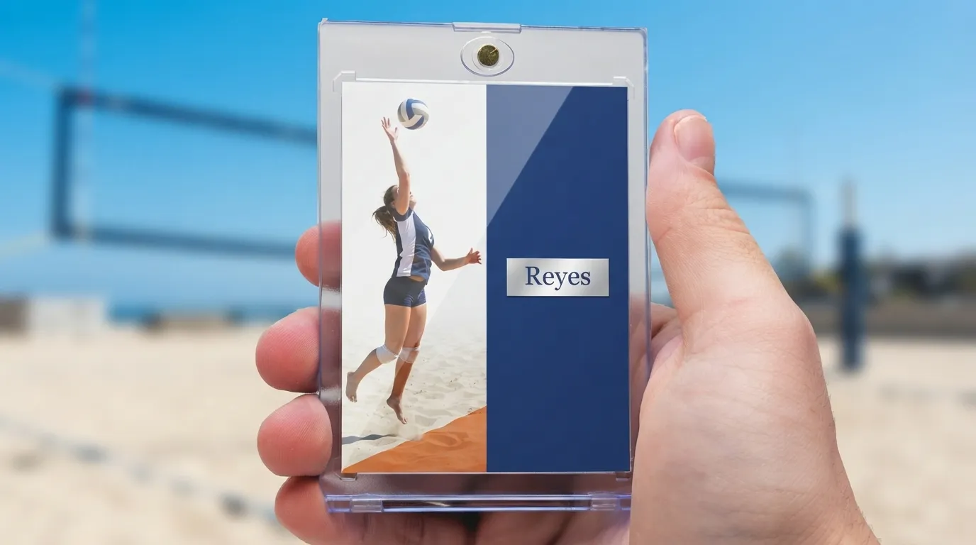 Hand holding magnetic case with volleyball trading cards featuring a split-layout jump-serve action card.